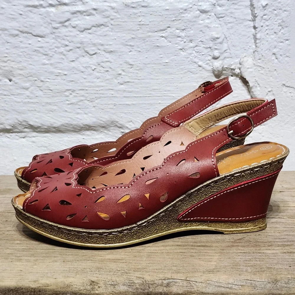 Patrizia by Spring Step Red Wedge‎ Sandals Peep Toe Laser Cut Slingback Women 9